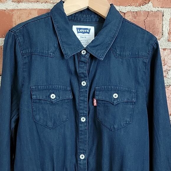 Levi's Girl's Long-Sleeve Button-Up Blue Chambray Shirt Dress 12 - Picture 2 of 14